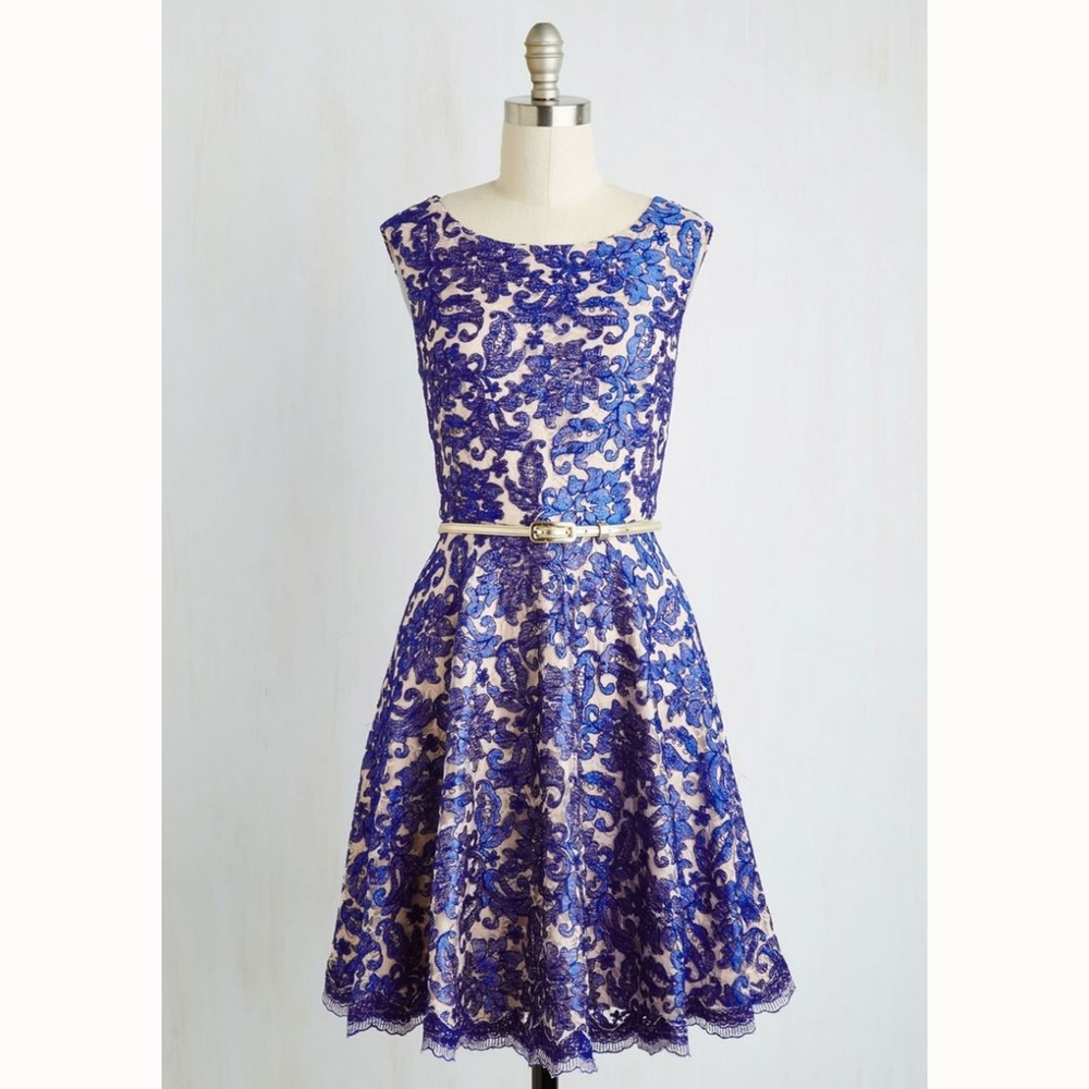 Eliza J Blue Lace Overlay Fit-and-Flare Dress